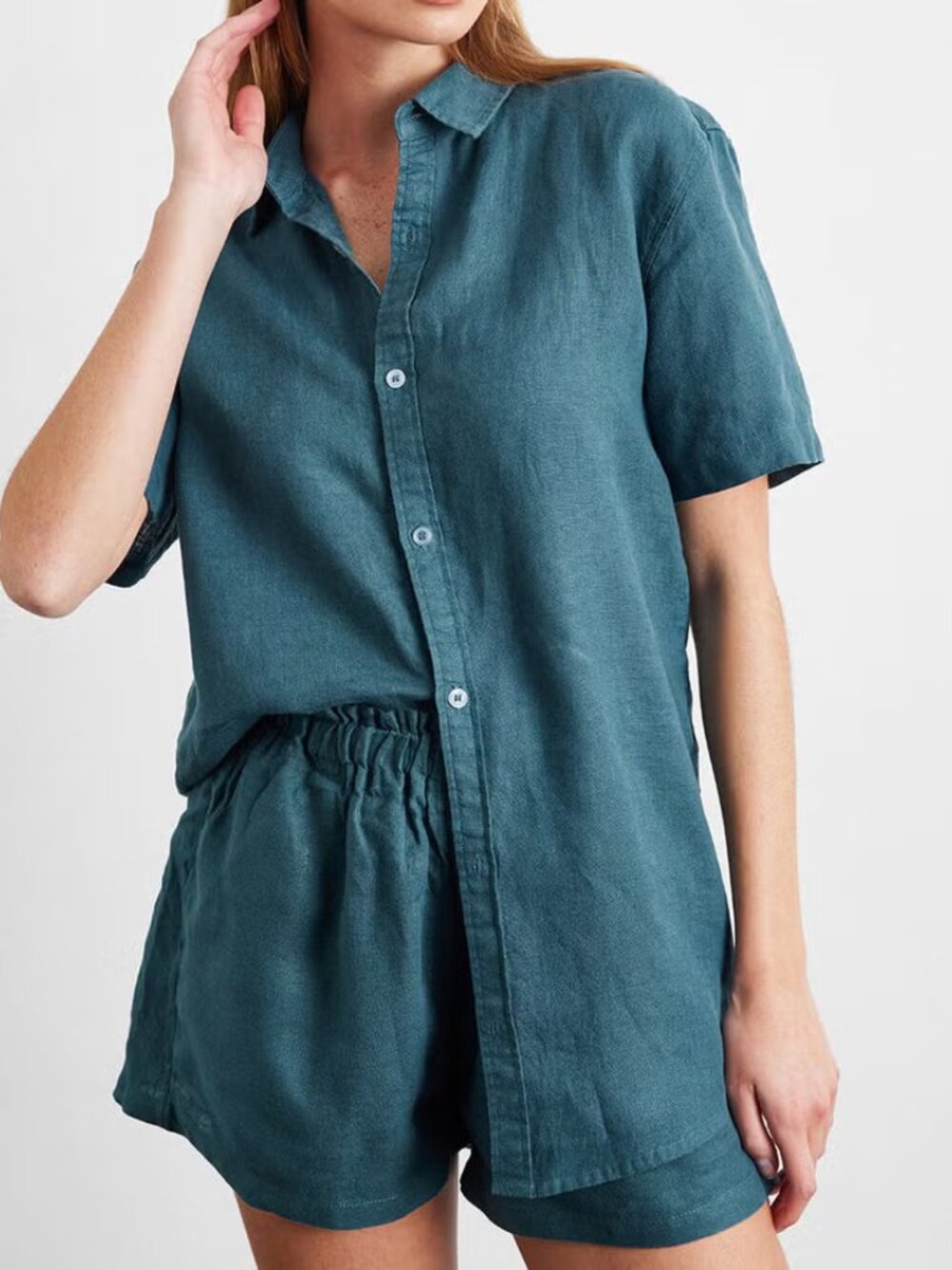 Bed Threads teal (petrol) short sleepwear set 100% French flax linen size XL